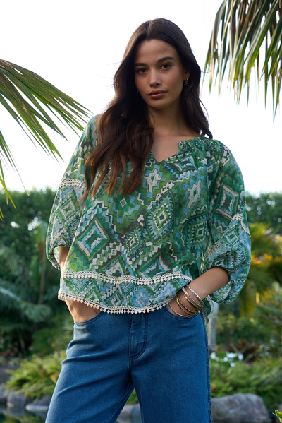 LOOBIES STORY SINHALA TOP GREEN RAMIE TOP BLOUSE