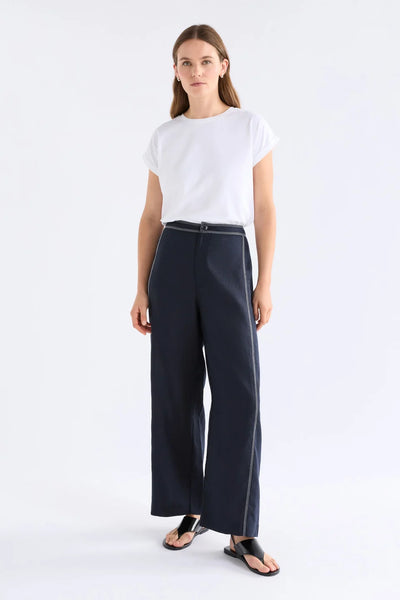 ELK SONNEN PANT NAVY LINEN PANT WITH WHITE CONTRAST STITCHING 