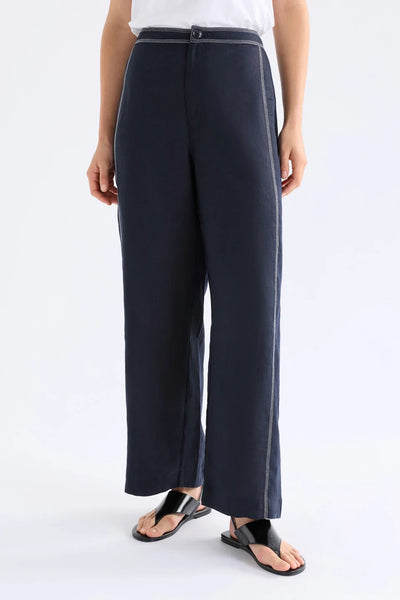 ELK SONNEN PANT NAVY LINEN PANT WITH WHITE CONTRAST STITCHING 