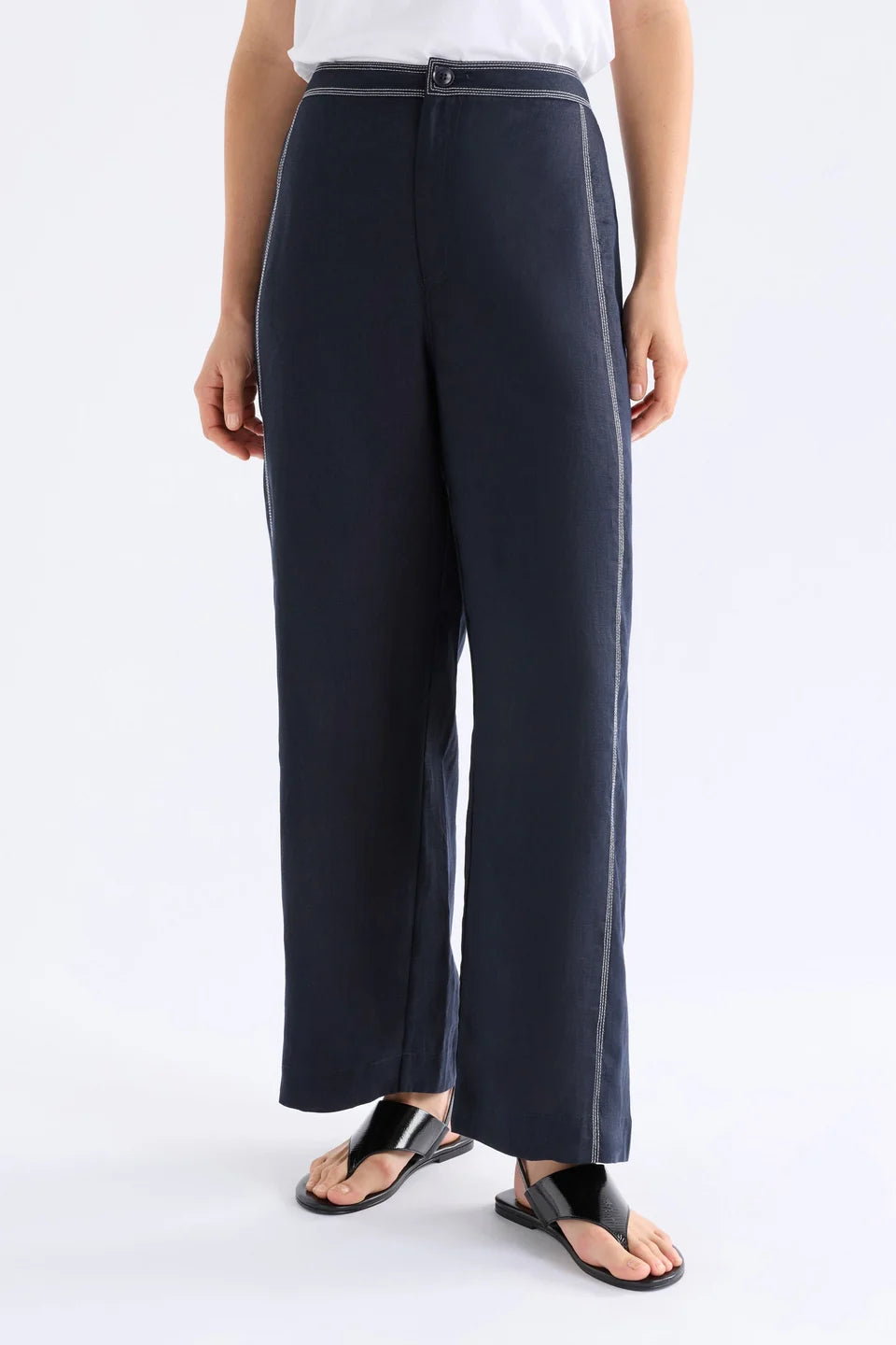 ELK SONNEN PANT NAVY LINEN PANT WITH WHITE CONTRAST STITCHING 