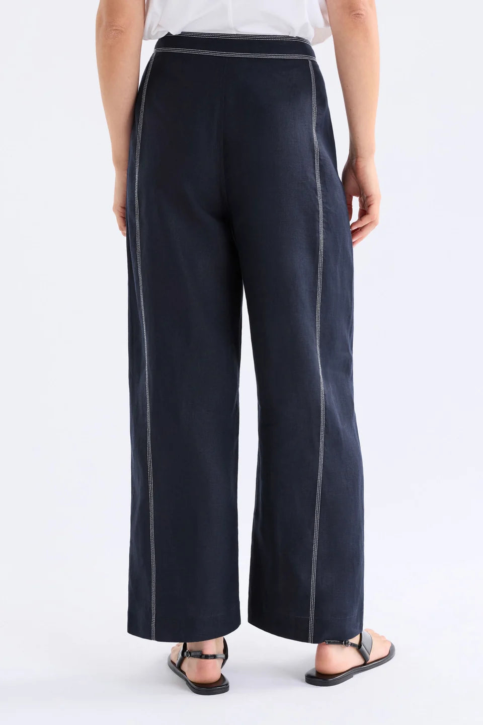 ELK SONNEN PANT NAVY LINEN PANT WITH WHITE CONTRAST STITCHING 
