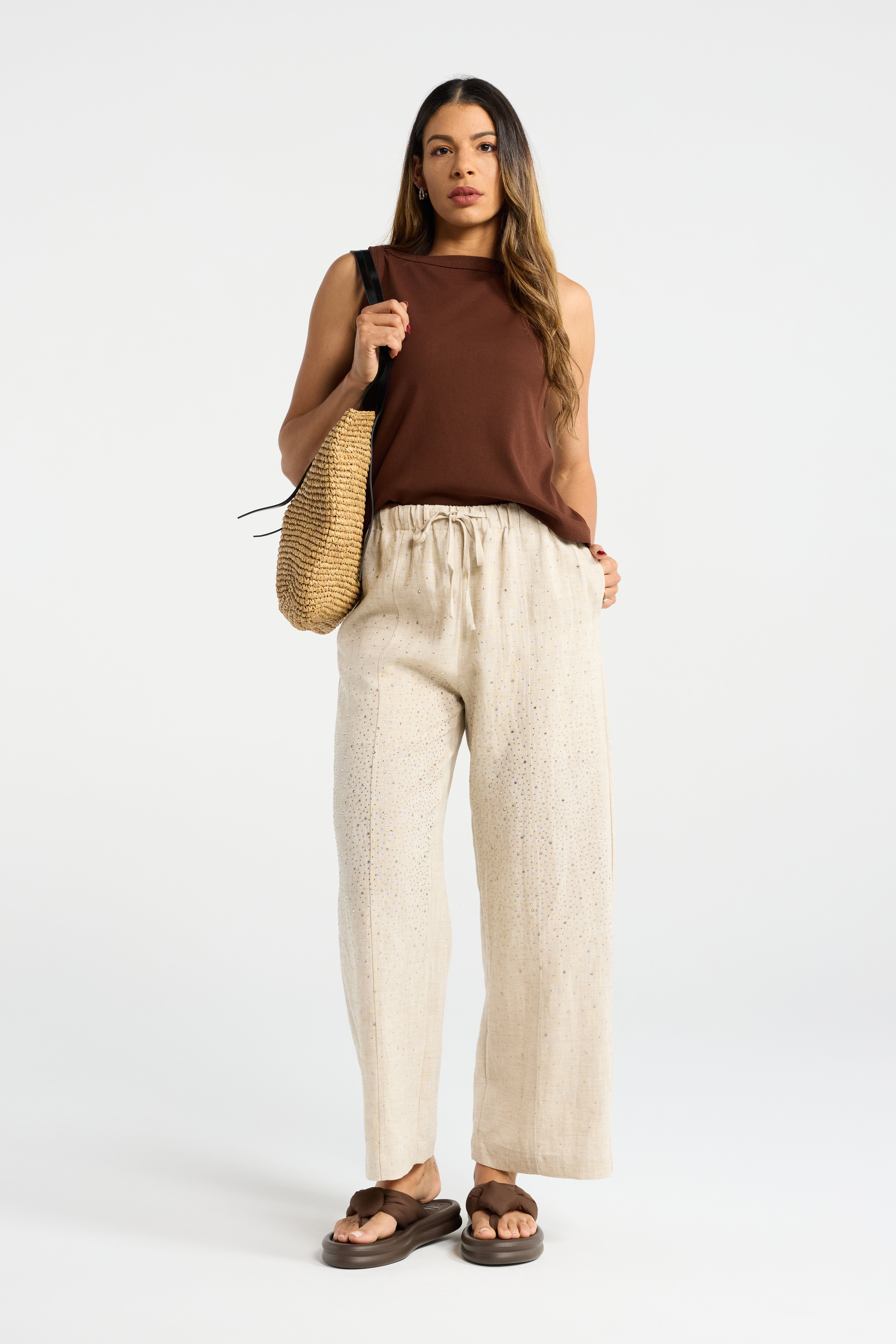 INK SPARKS LINEN PANTS WHITE NATURAL SPARKLY PANTS LIGHTWEIGHT PANTS ELASTICATED WAISTBAND PULL ON PANTS SUMMER PANTS CASUAL TROUSERS 