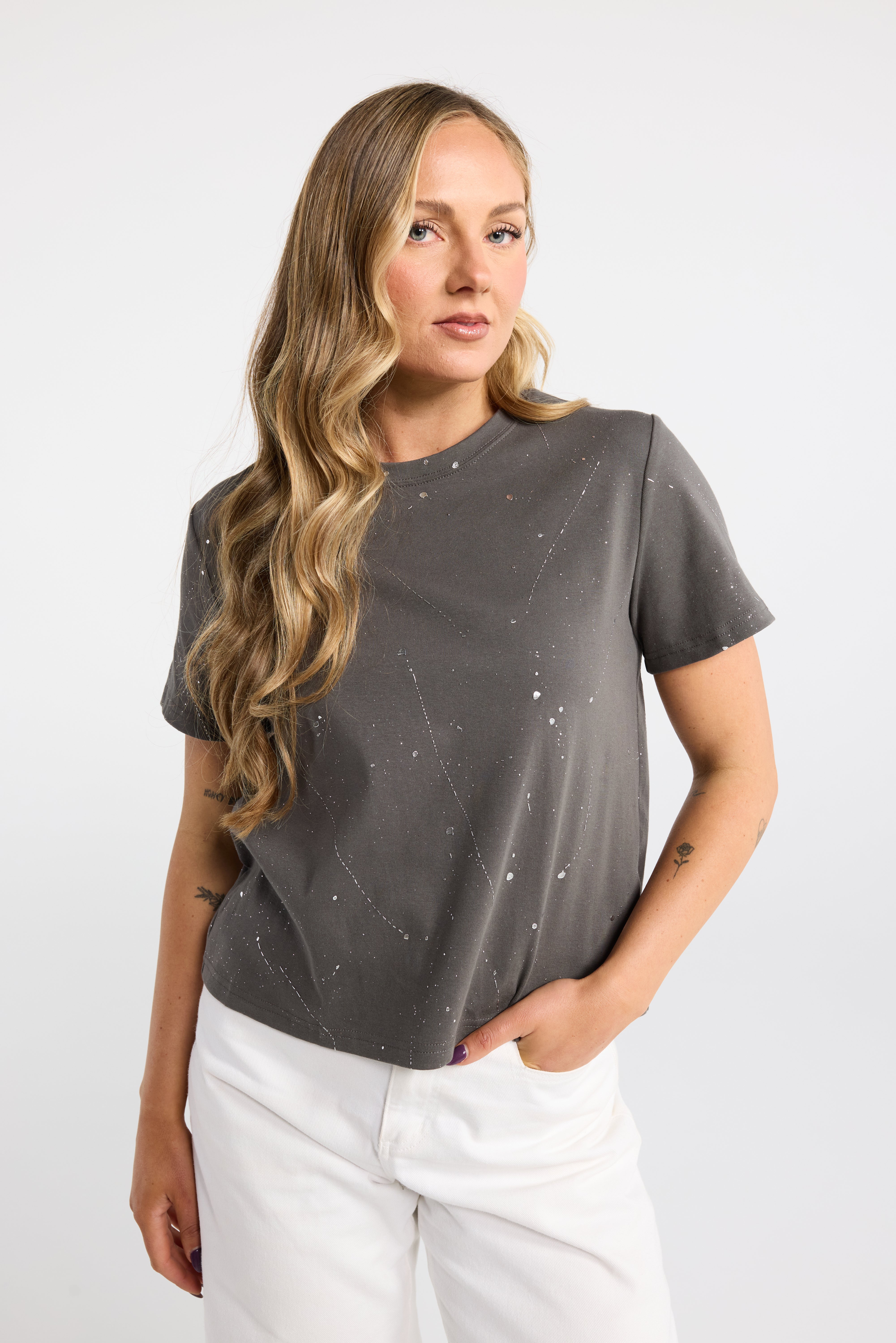 INK SPARKS TEE CHARCOAL CHARCOAL TSHIRT RIBBED TSHIRT PAINT SPLATTER TEE BABY TEE