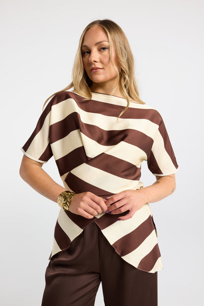 INK SPLICE TOP CREAM AND CHOCOLATE STRIPE CROSSOVER TOP TIE TOP EVENING BOAT NECK TOP