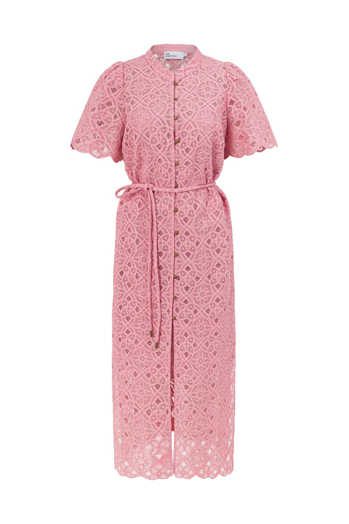 ZOE KRATZMANN GLOW DRESS PINK LACE MAXI BUTTON SHIRT DRESS NO COLLAR SCALLPOED HEM AND SLEEVES 