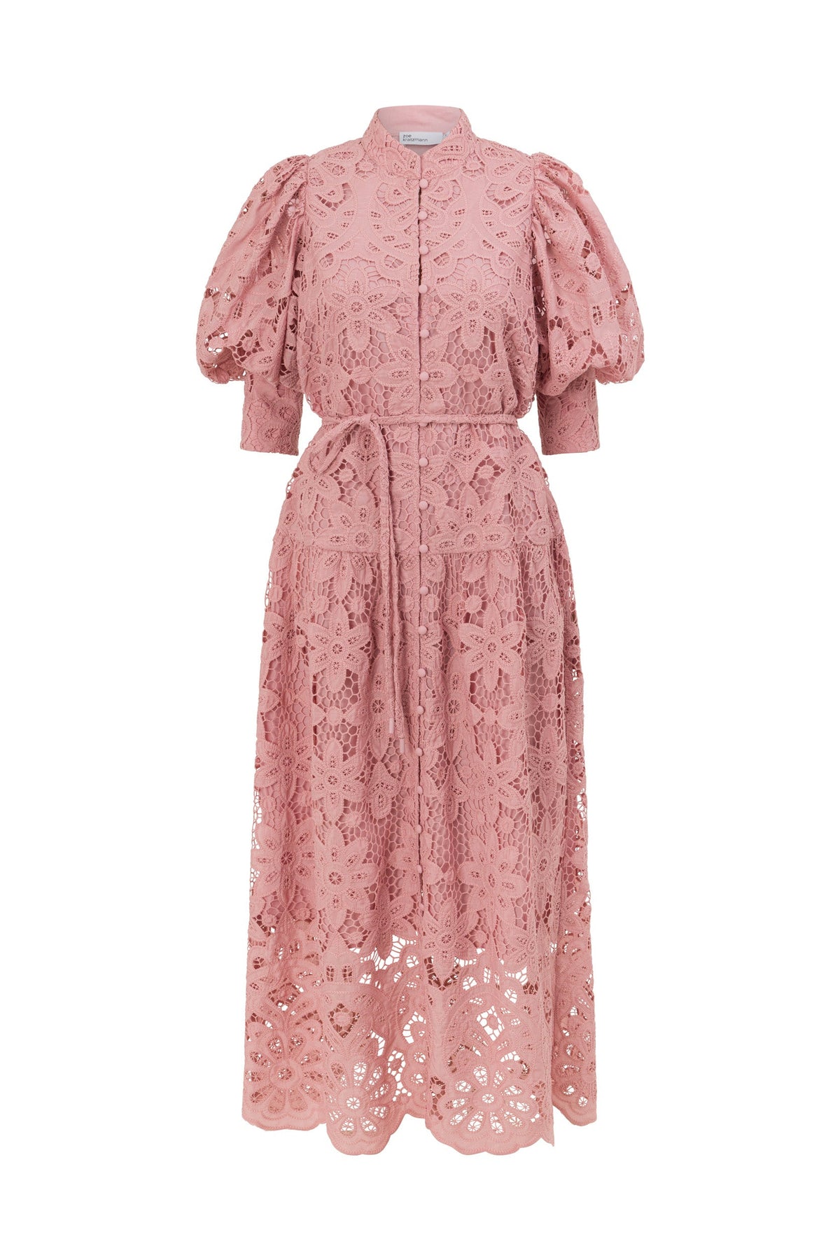 ZOE KRATSMANN GRAVITATE MAXI DRESS LACE BUTTON UP DRESS IN BABY PINK AND LIGHT BLUE WITH PUFF SLEEVES AND TIE AT THE WAIST