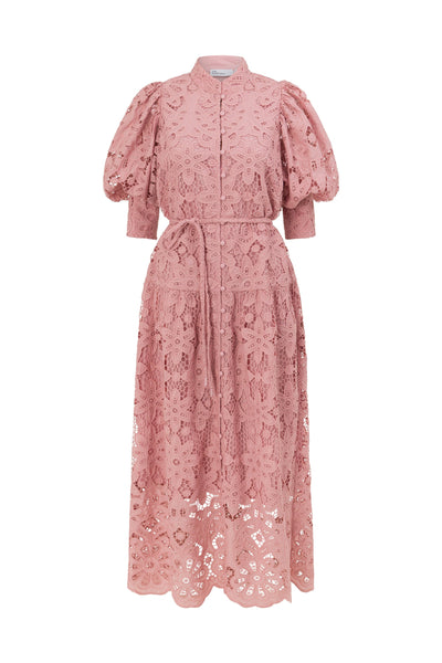 ZOE KRATSMANN GRAVITATE MAXI DRESS LACE BUTTON UP DRESS IN BABY PINK AND LIGHT BLUE WITH PUFF SLEEVES AND TIE AT THE WAIST