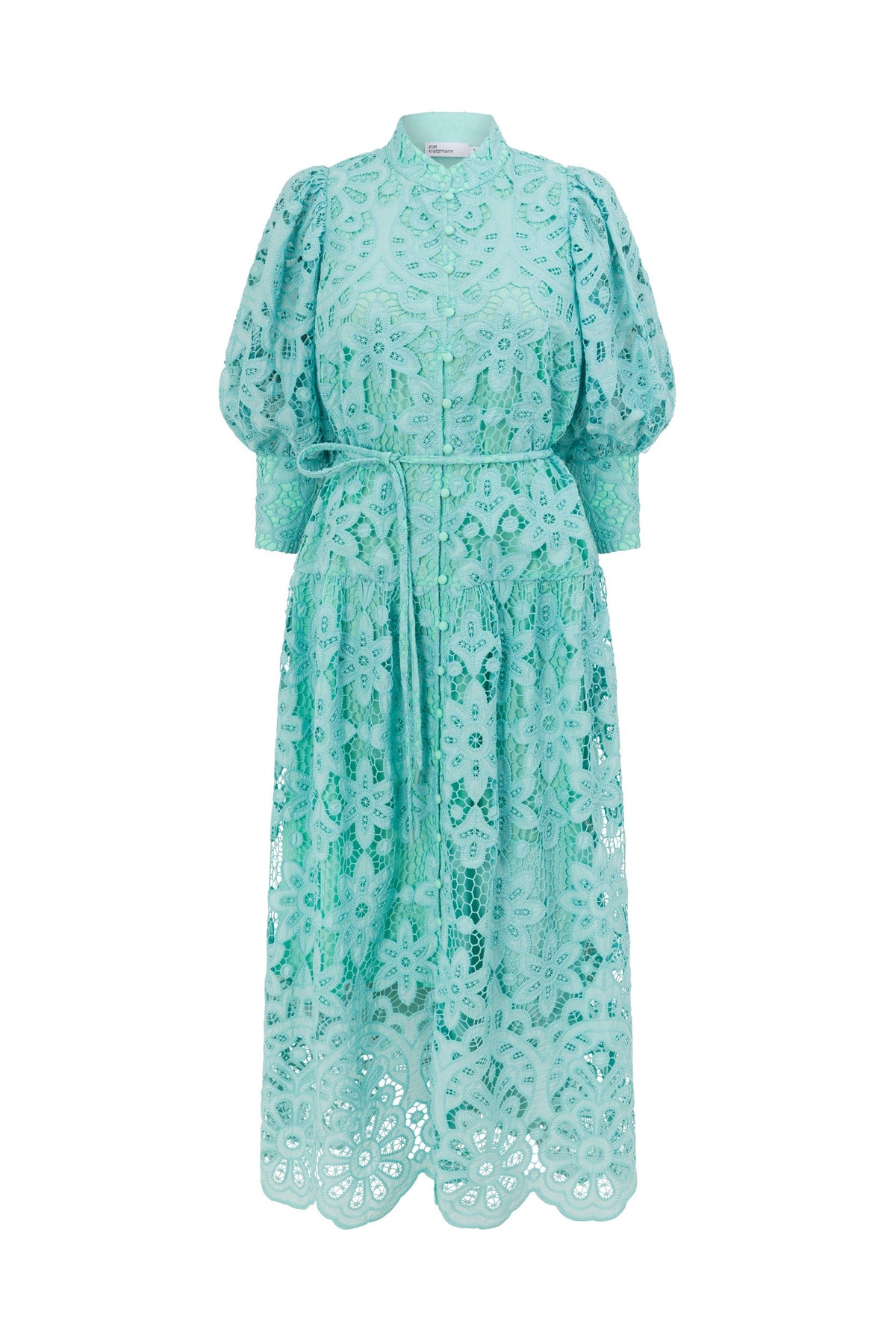 ZOE KRATSMANN GRAVITATE MAXI DRESS LACE BUTTON UP DRESS IN BABY PINK AND LIGHT BLUE WITH PUFF SLEEVES AND TIE AT THE WAIST