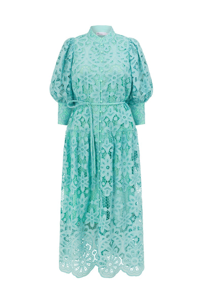 ZOE KRATSMANN GRAVITATE MAXI DRESS LACE BUTTON UP DRESS IN BABY PINK AND LIGHT BLUE WITH PUFF SLEEVES AND TIE AT THE WAIST