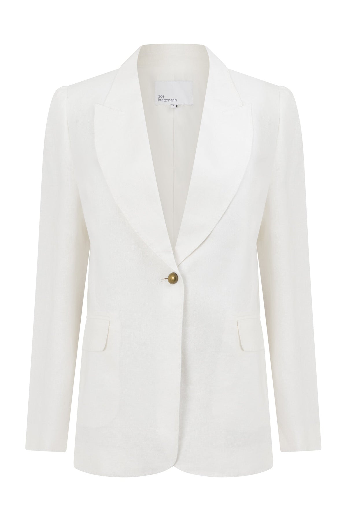 ZOE KRATSMANN CREST JACKET A WHIET LINEN BLAZER WITH TWO POCKETS AND AND ONE BRASSY GOLD BUTTON 