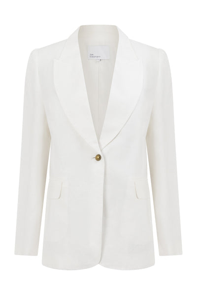 ZOE KRATSMANN CREST JACKET A WHIET LINEN BLAZER WITH TWO POCKETS AND AND ONE BRASSY GOLD BUTTON 