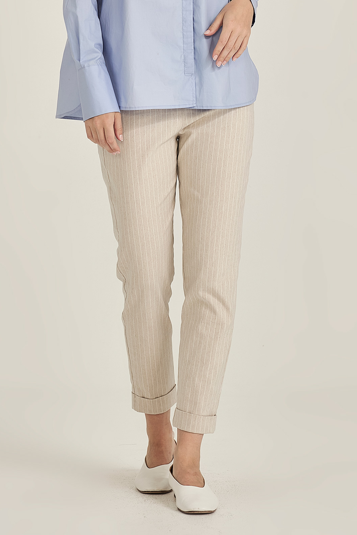 SILLS STRIPED HEPBURN SAND STRIPE STRETCH TROUSER VISCOSE LINEN ELASTANE PANT