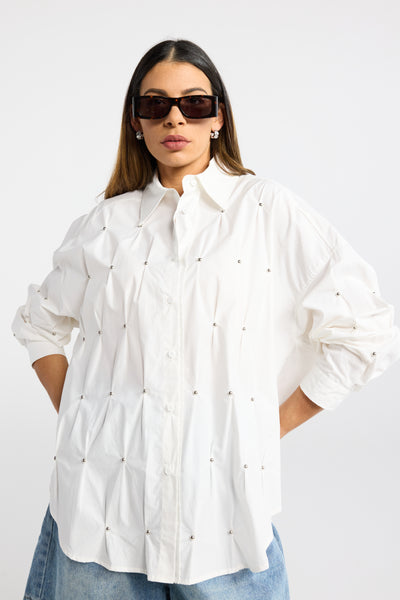 INK STUD SHIRT WHITE SHIRT SILVER DOME EMBELISHMENTS PLEATED OVERSIZED SHIRT 
