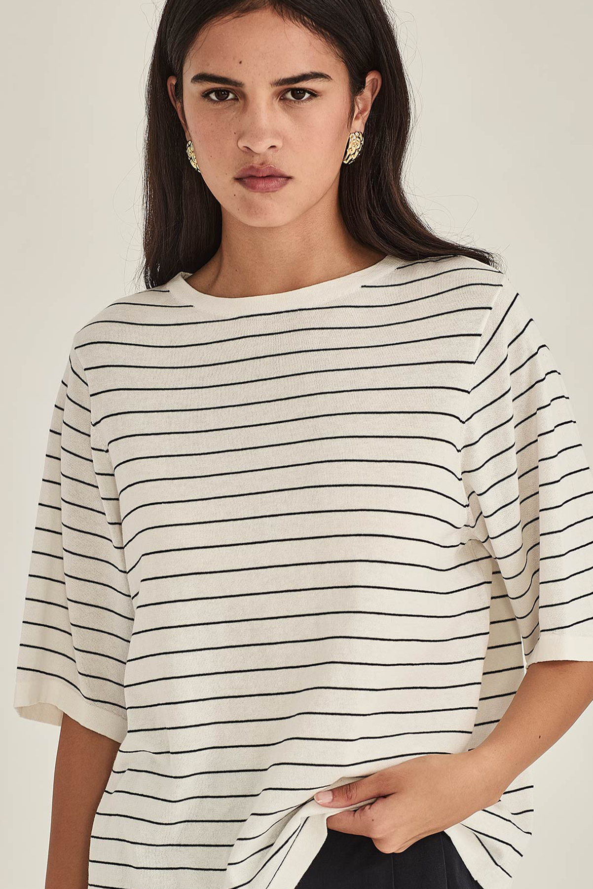 SILLS SUMIRE STRIPED BOXY TEE CHALK NAVY STRIPE TOP COTTON