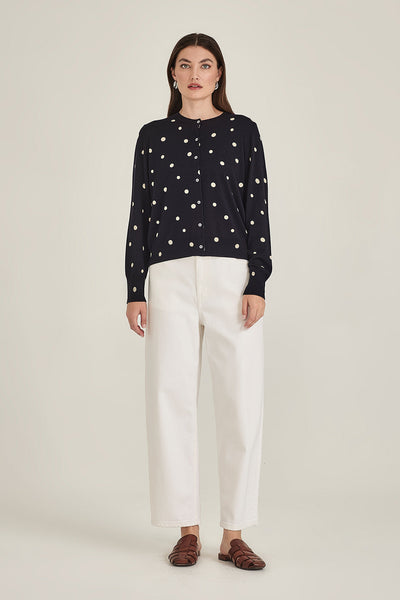 SILLS KAIA SPOT CARDIGAN COTTON KNIT CARDIGAN NAVY WITH CREAM SPOT, GREEN WITH CREAM SPOT