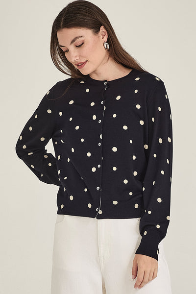 SILLS KAIA SPOT CARDIGAN COTTON KNIT CARDIGAN NAVY WITH CREAM SPOT, GREEN WITH CREAM SPOT