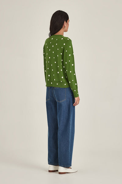 SILLS KAIA SPOT CARDIGAN COTTON KNIT CARDIGAN NAVY WITH CREAM SPOT, GREEN WITH CREAM SPOT