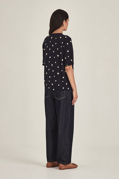SILLS AVA SPOT TEE COTTON BLEND KNIT TEE GREEN WITH CREAM SPOTS AND NAVY WITH CREAM SPOTS
