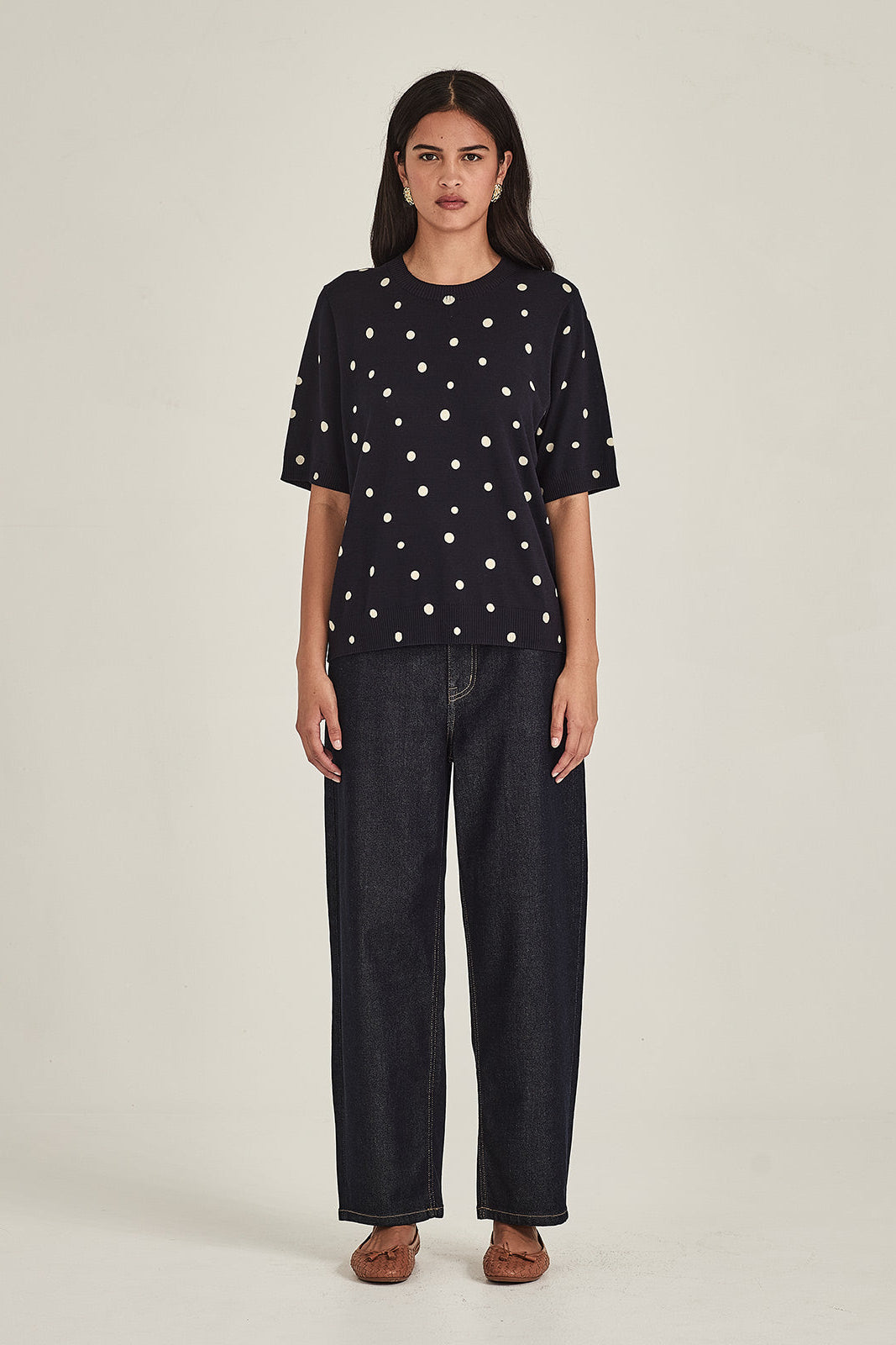 SILLS AVA SPOT TEE COTTON BLEND KNIT TEE GREEN WITH CREAM SPOTS AND NAVY WITH CREAM SPOTS