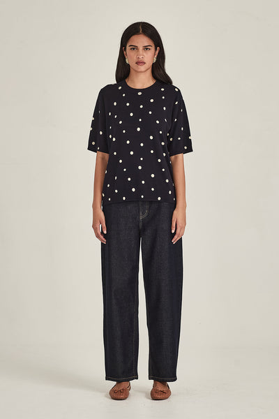 SILLS AVA SPOT TEE COTTON BLEND KNIT TEE GREEN WITH CREAM SPOTS AND NAVY WITH CREAM SPOTS