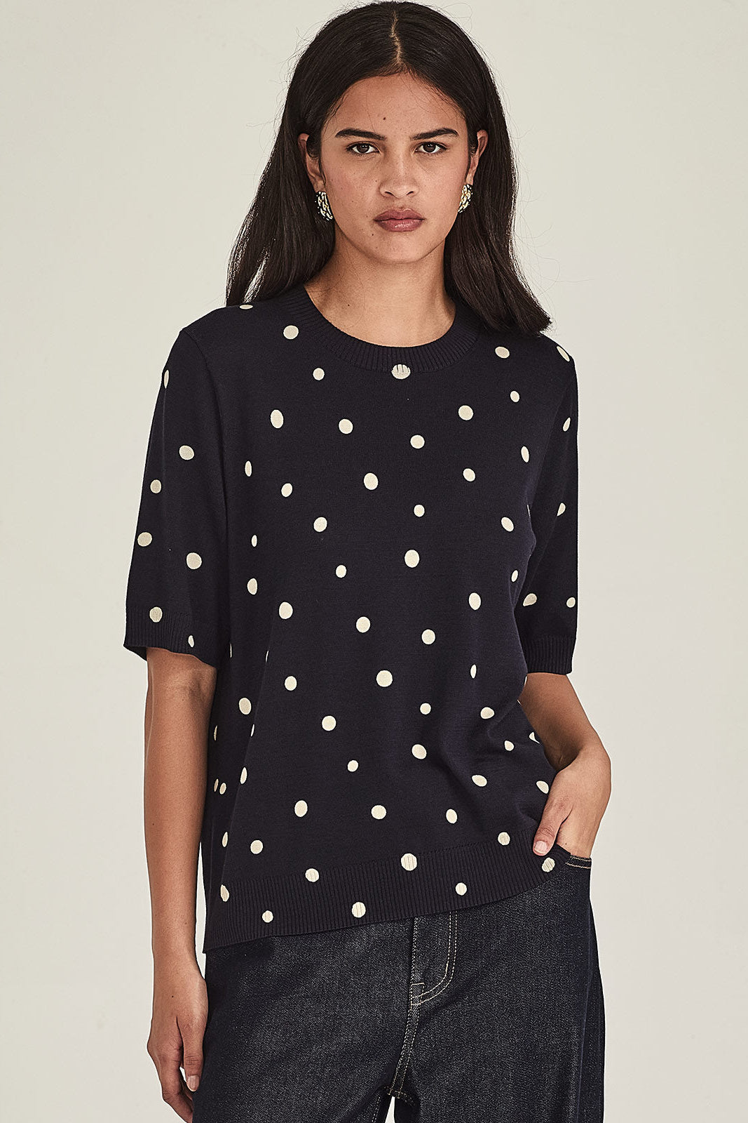SILLS AVA SPOT TEE COTTON BLEND KNIT TEE GREEN WITH CREAM SPOTS AND NAVY WITH CREAM SPOTS