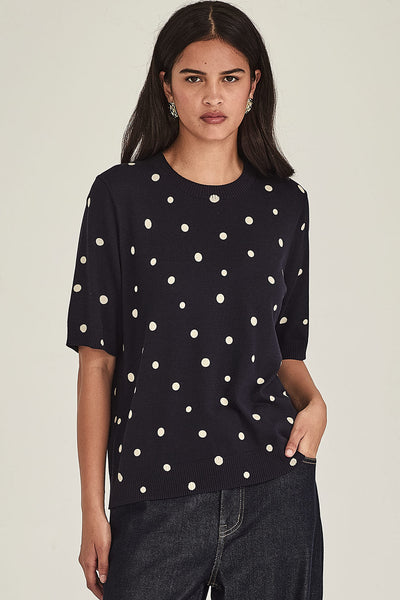 SILLS AVA SPOT TEE COTTON BLEND KNIT TEE GREEN WITH CREAM SPOTS AND NAVY WITH CREAM SPOTS