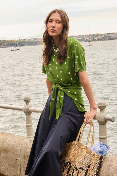 SILLS AVA SPOT TEE COTTON BLEND KNIT TEE GREEN WITH CREAM SPOTS AND NAVY WITH CREAM SPOTS