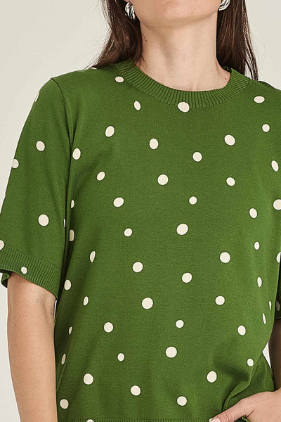 SILLS AVA SPOT TEE COTTON BLEND KNIT TEE GREEN WITH CREAM SPOTS AND NAVY WITH CREAM SPOTS