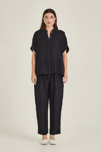 SILLS EMMA LINEN TOP WITH WHITE CONTRASTED STITCHING BOXY COLLARLESS BUTTON UP IN BLUE WHITE GREEN OR NAVY