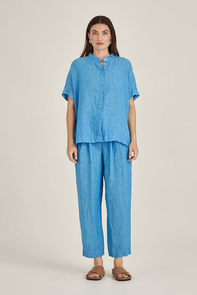 SILLS EMMA LINEN TOP WITH WHITE CONTRASTED STITCHING BOXY COLLARLESS BUTTON UP IN BLUE WHITE GREEN OR NAVY