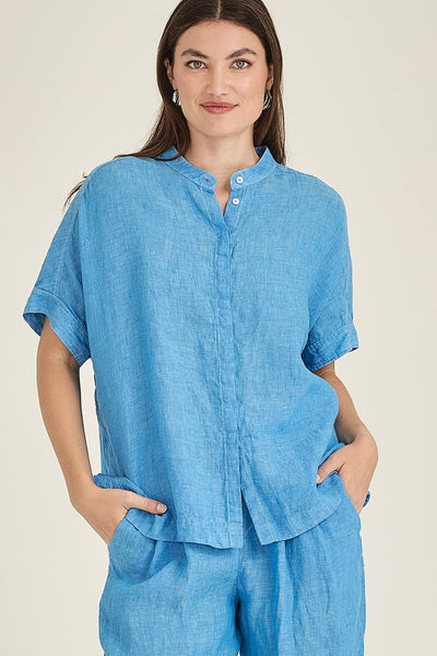 SILLS EMMA LINEN TOP WITH WHITE CONTRASTED STITCHING BOXY COLLARLESS BUTTON UP IN BLUE WHITE GREEN OR NAVY