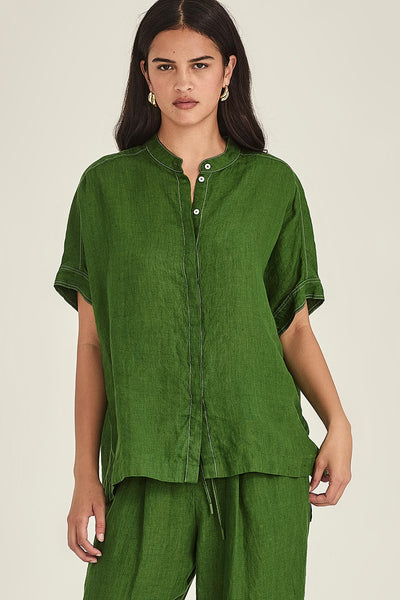 SILLS EMMA LINEN TOP WITH WHITE CONTRASTED STITCHING BOXY COLLARLESS BUTTON UP IN BLUE WHITE GREEN OR NAVY