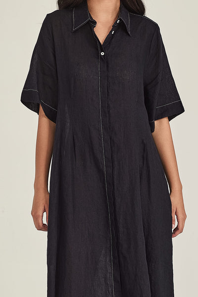 SILLS MADDY LINEN DRESS BUTTON UP SHIRT DRESS WITH PLEAT CINCHING AROUND THE WAIST COMES IN BLUE GREEN OR NAVY 