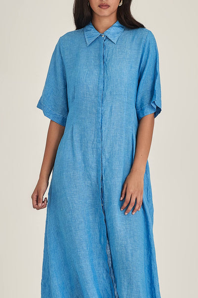 SILLS MADDY LINEN DRESS BUTTON UP SHIRT DRESS WITH PLEAT CINCHING AROUND THE WAIST COMES IN BLUE GREEN OR NAVY 