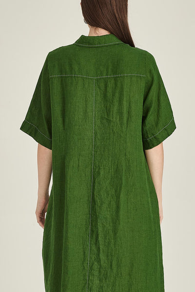 SILLS MADDY LINEN DRESS BUTTON UP SHIRT DRESS WITH PLEAT CINCHING AROUND THE WAIST COMES IN BLUE GREEN OR NAVY 
