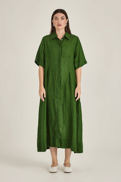 SILLS MADDY LINEN DRESS BUTTON UP SHIRT DRESS WITH PLEAT CINCHING AROUND THE WAIST COMES IN BLUE GREEN OR NAVY 