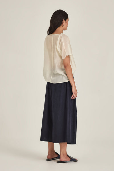 SILLS ASHA FLARE PANT FRENCH NAVY  WIDE LEG CROPPED PANTS WITH A DRAWSTRING WAIST AND FRON PLEATS