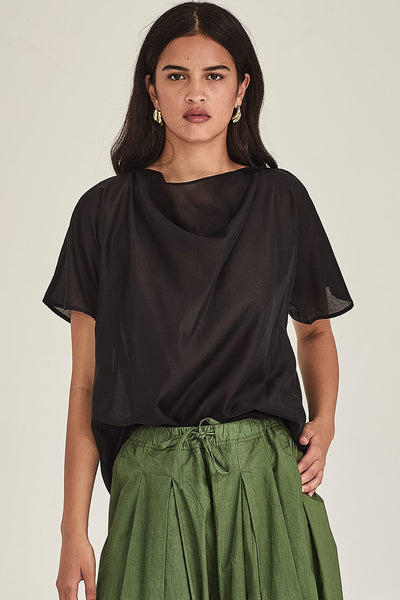 Sills Dana Breeze Top loose, short-sleeved draped blouse with a high cowl neckline in colours, sand, navy green, ivory and black