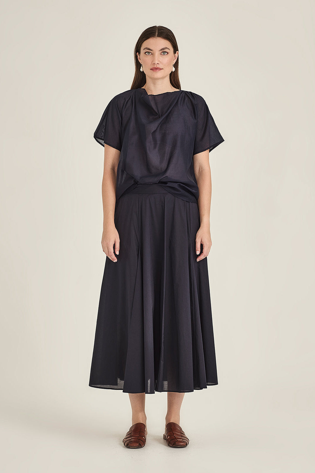 Sills Dana Breeze Top loose, short-sleeved draped blouse with a high cowl neckline in colours, sand, navy green, ivory and black