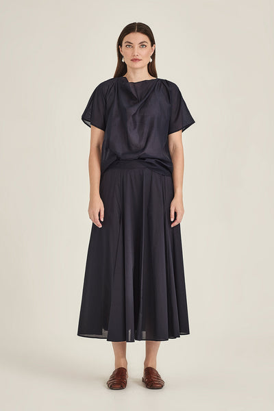 Sills Dana Breeze Top loose, short-sleeved draped blouse with a high cowl neckline in colours, sand, navy green, ivory and black