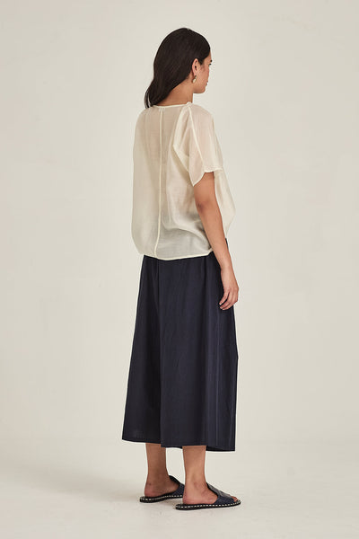 Sills Dana Breeze Top loose, short-sleeved draped blouse with a high cowl neckline in colours, sand, navy green, ivory and black