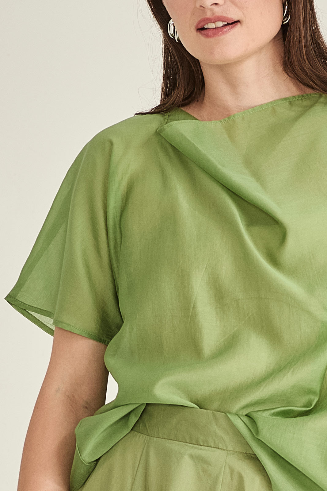 Sills Dana Breeze Top loose, short-sleeved draped blouse with a high cowl neckline in colours, sand, navy green, ivory and black