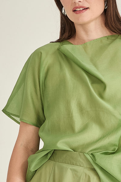 Sills Dana Breeze Top loose, short-sleeved draped blouse with a high cowl neckline in colours, sand, navy green, ivory and black