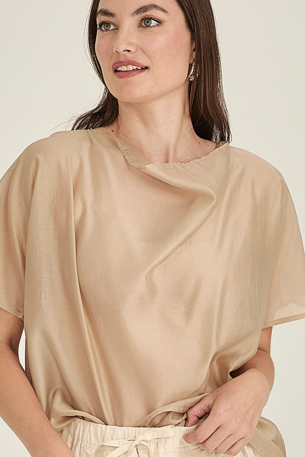Sills Dana Breeze Top loose, short-sleeved draped blouse with a high cowl neckline in colours, sand, navy green, ivory and black
