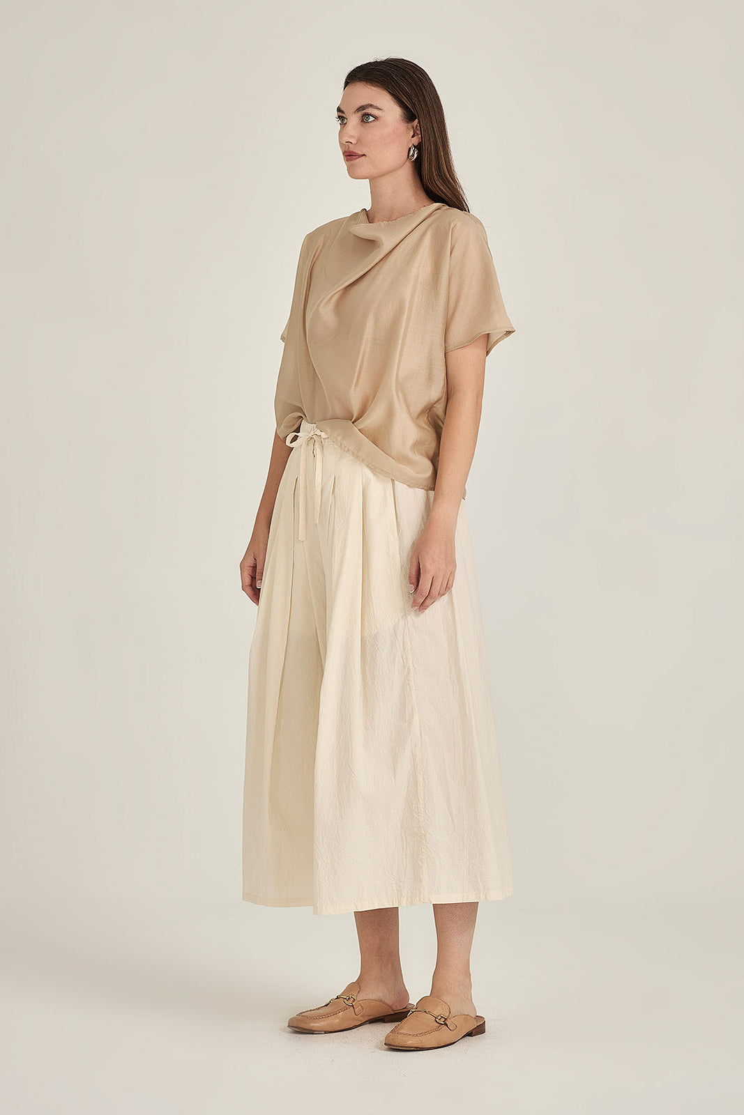 Sills Dana Breeze Top loose, short-sleeved draped blouse with a high cowl neckline in colours, sand, navy green, ivory and black