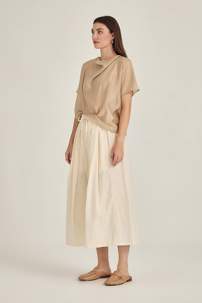 Sills Dana Breeze Top loose, short-sleeved draped blouse with a high cowl neckline in colours, sand, navy green, ivory and black