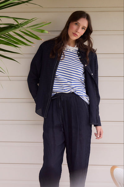 SILLS PRINCETON LINEN SHIRT classic button up linen shirt with white contrast stitching comes in navy, blue and green