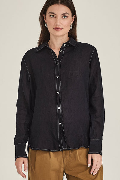 SILLS PRINCETON LINEN SHIRT classic button up linen shirt with white contrast stitching comes in navy, blue and green