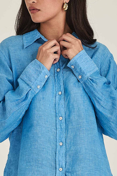 SILLS PRINCETON LINEN SHIRT classic button up linen shirt with white contrast stitching comes in navy, blue and green