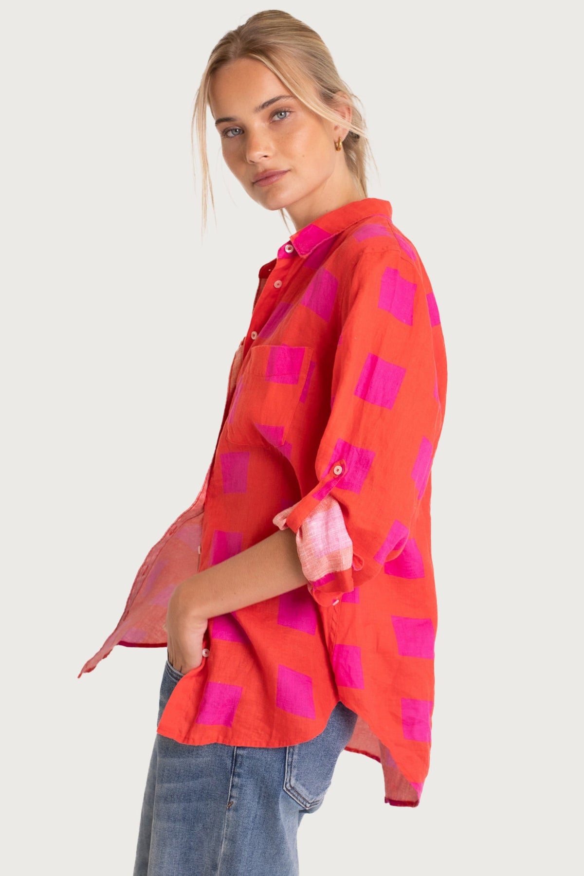 HUT orange and pink geometric print linen button-up shirt